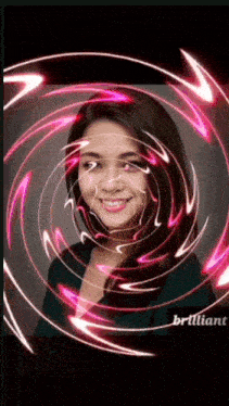 a woman is surrounded by a swirl of pink lights