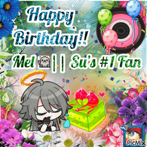 a happy birthday card with flowers and a cake