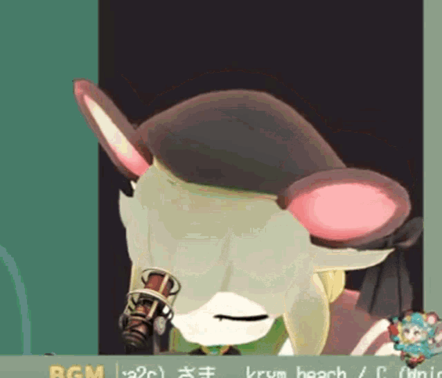 a cartoon mouse is wearing a hat and holding a microphone in front of her face