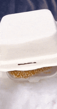 a styrofoam container holds a hamburger with sesame seeds
