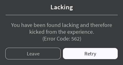 a screen that says lacking on it and a button to leave
