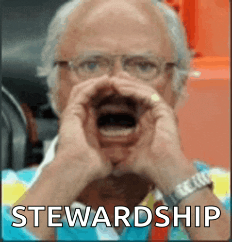 a man with his mouth open and the word stewardship written below him