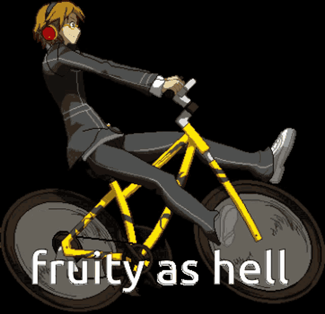 a pixel art of a man riding a bicycle with the words fruity as hell written on it