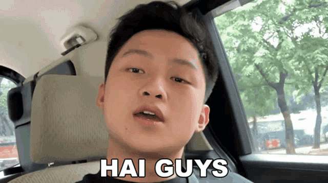 a young man is sitting in the back seat of a car with hai guys written on his face