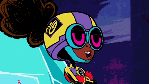a cartoon character wearing a helmet and goggles with the letter r on it