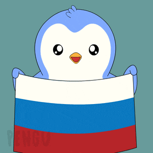 a penguin holding a russian flag with the word penguin on the bottom right