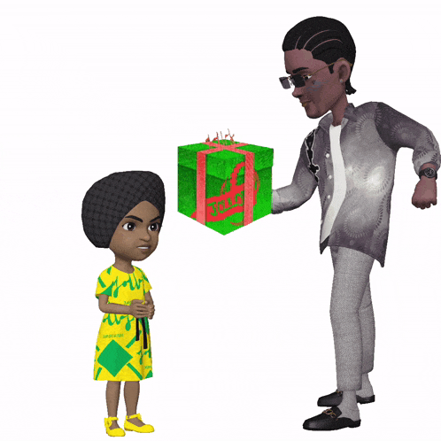 a cartoon of a man giving a gift to a girl that says big