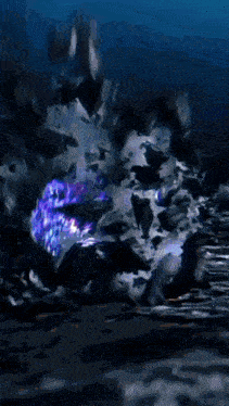a purple worm is swimming in the water surrounded by rocks and bubbles .