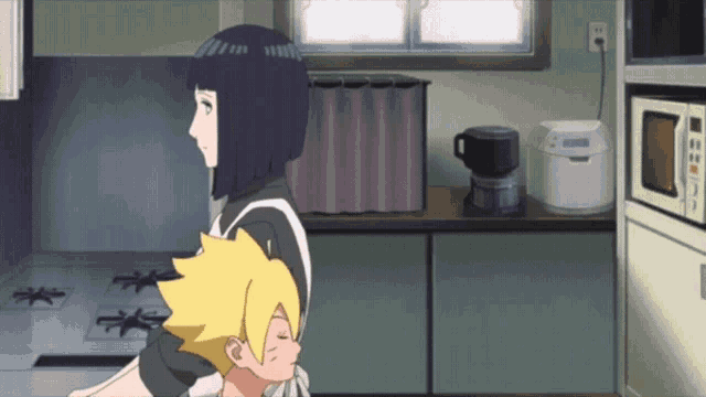 a cartoon of a woman standing next to a boy with a yellow head