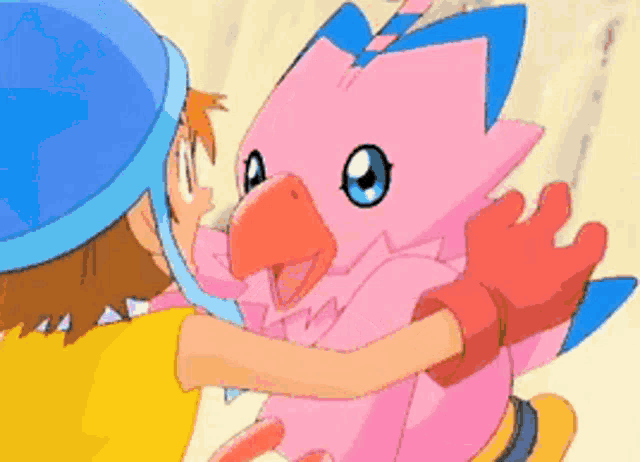 a person is hugging a pink bird with blue wings