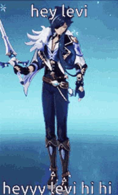 a video game character is holding a sword and saying hey levi heyy levi hi hi