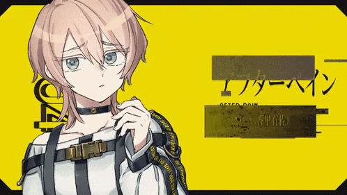a drawing of a girl with a choker on her neck and a yellow background that says " after pain "