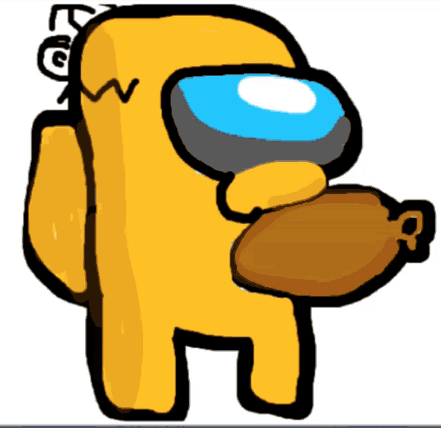 a drawing of a yellow among us character holding a chicken