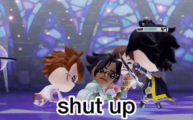 a video game character says shut up while holding a microphone