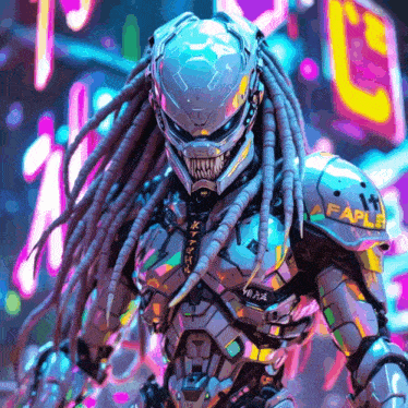 a robot with dreadlocks and a helmet that says faplr