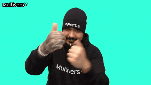 a man wearing a beanie that says portal on it