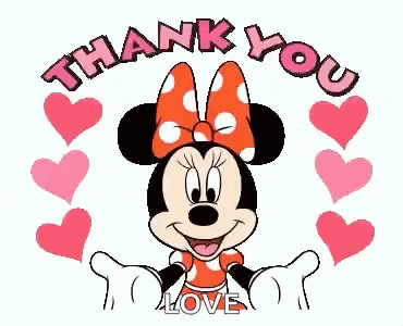 minnie mouse is surrounded by pink hearts and says `` thank you love '' .