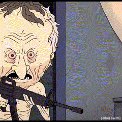 a cartoon of a man holding a gun with the words adult swim on the bottom right