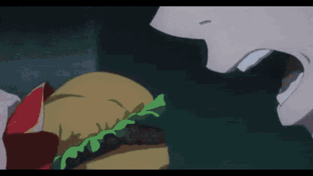 a cartoon character is eating a hamburger with lettuce and tomatoes