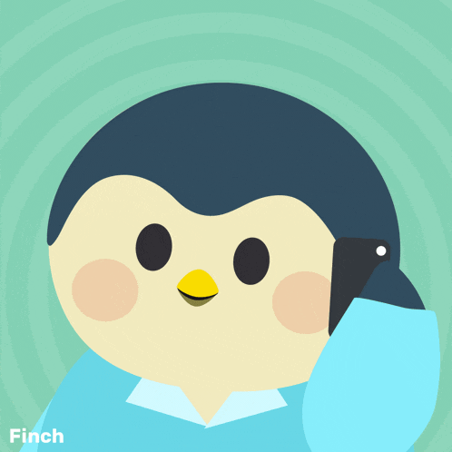 a penguin is talking on a cell phone with the words uh huhh above him