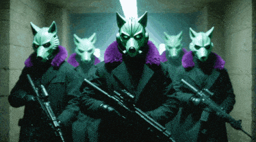 a group of men wearing masks and holding guns