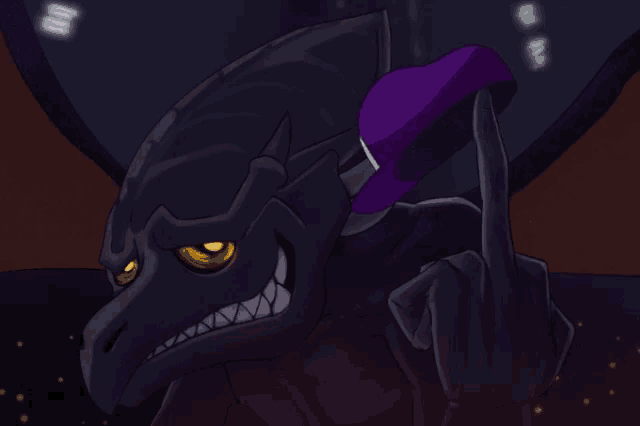 a cartoon drawing of a dragon holding a purple hat with a yellow t on it