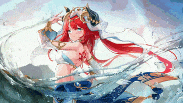 a girl with red hair is surrounded by waves of water