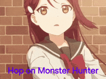 a girl in a school uniform is standing in front of a brick wall with the words hop on monster hunter written on it