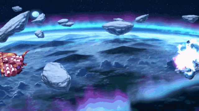 a computer generated image of a planet with rocks floating in it