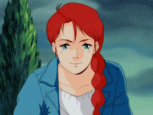 a cartoon girl with red hair and green eyes