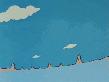a cartoon drawing of a mountain range with trees and a blue sky