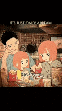 a man and two girls are sitting at a table eating french fries and drinking soda .