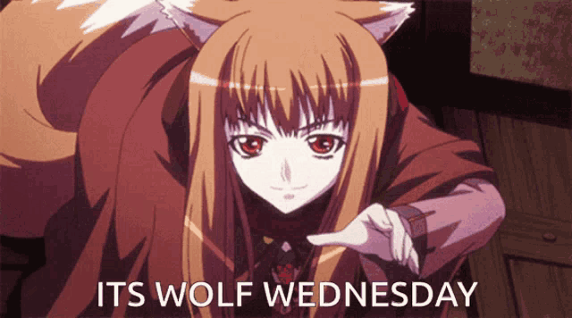 a picture of a girl with fox ears and the words " its wolf wednesday " below her