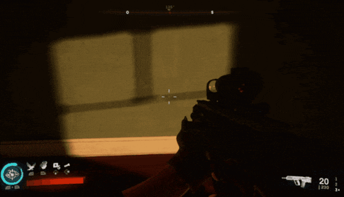 a person holding a gun in a video game with the number 20 on it