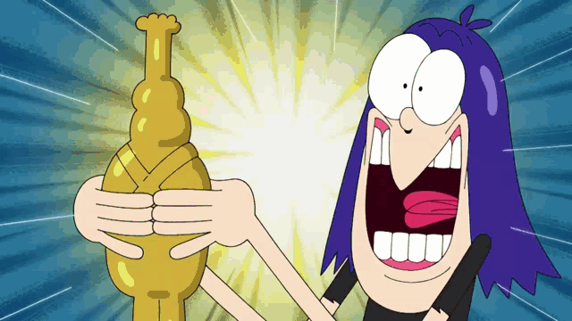 a cartoon character with purple hair is holding a gold object