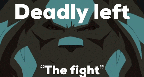 a cartoon of a lion with the words " deadly left the fight " below it