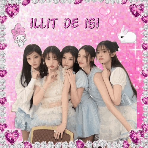 a group of girls posing in front of a pink background that says ' illit de isi '
