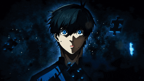 a drawing of a boy with blue eyes and the letter e on his chest