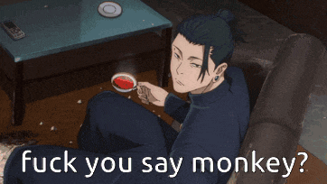 a man is sitting on a couch with a cup of tea and the words " fuck you say monkey " behind him