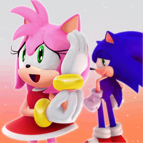a couple of cartoon characters standing next to each other including amy and sonic