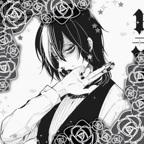 a black and white drawing of a person with roses and stars around them