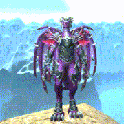 a purple dragon with red wings is standing on top of a rock