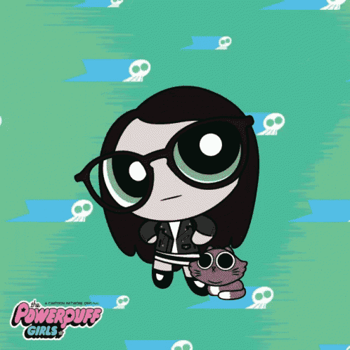 a cartoon character from the powerpuff girls holding a black cat