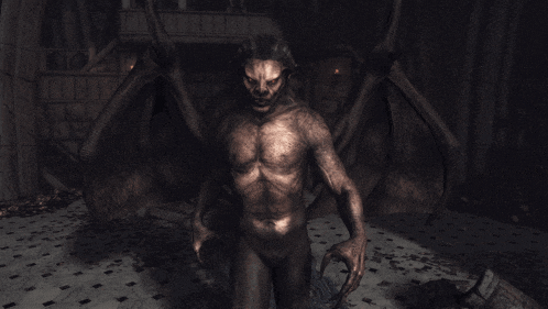 a naked gargoyle with wings standing in a dark room