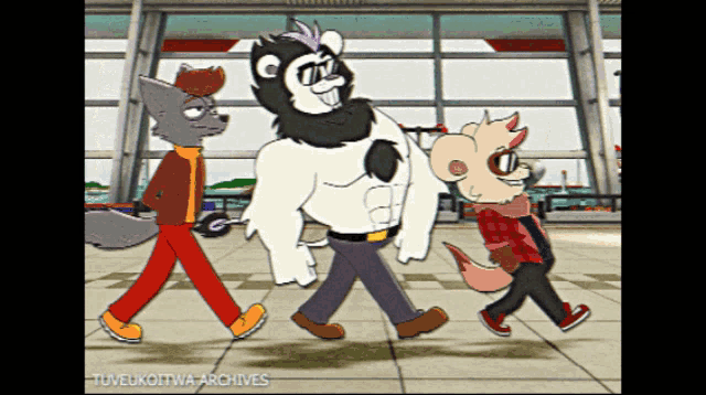 a cartoon of three animals walking with the words tuvelkoitwa archives visible