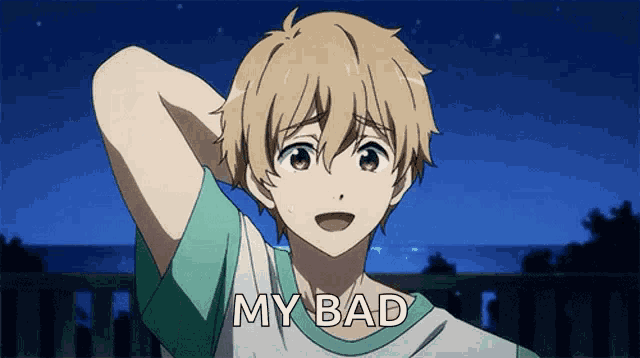 a boy in a white and green shirt says my bad