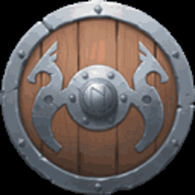 a wooden shield with a metal border and two dragons on it