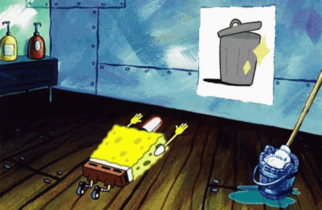 a cartoon of spongebob laying on the floor next to a bucket