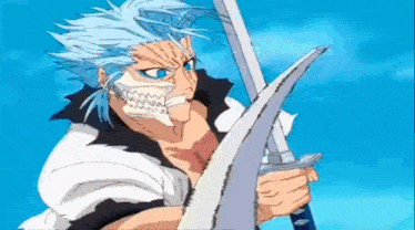 a bleach character is holding two swords in his hands .