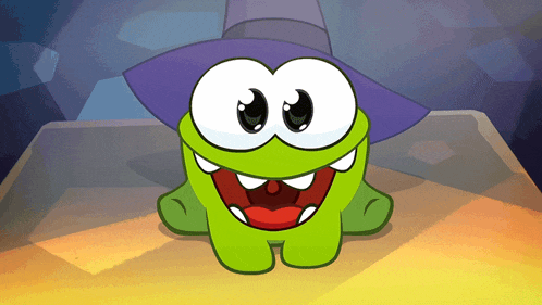 a green frog wearing a purple hat with big eyes